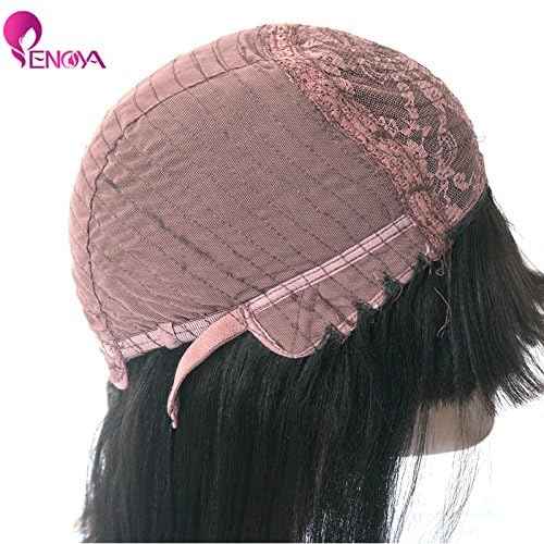 Enoya Bob Wig Human Hair Wear and Go Glueless None Lace Front Wigs with Bangs, Light Yaki Straight Full Machine Made Wig 180% Density Short Bob Wigs for Black Women (10" Color #1)