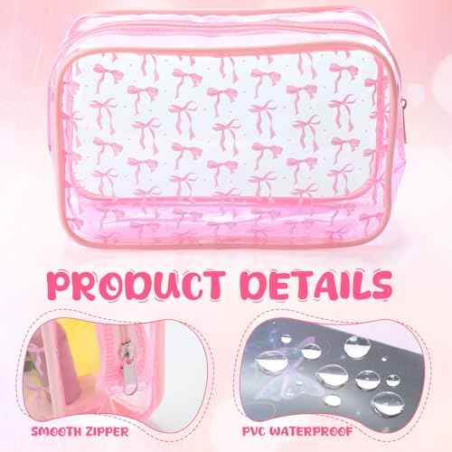 Kacctyen 24 Pcs Pink Bow Cosmetic Bag Coquette Preppy PVC Makeup Bag Bulk Zippered Travel Toiletry Pouch Gift for Women Birthday Party Favor Organizer