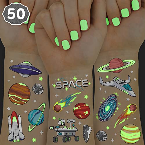 Space Glow in Dark Temporary Tattoos for Kids - 50 pc