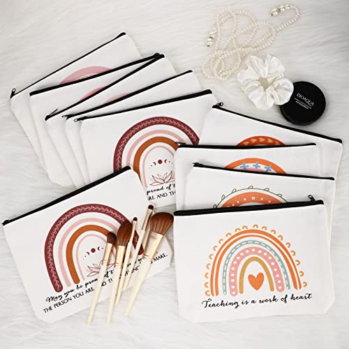 Coume 30 Pcs Teacher Appreciation Gifts Bulk for Women Inspirational Rainbow Canvas Makeup Bags Thank You Cosmetic Bags for Teacher Employee Coworker Gifts, 10 Styles(Elegant)