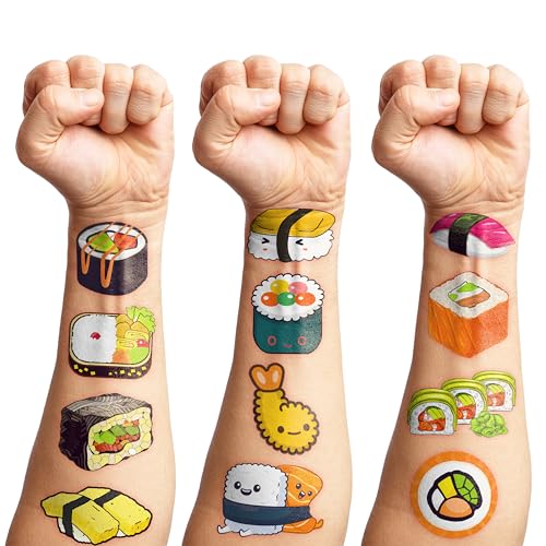 Sushi Temporary Tattoos 8 Sheets 96 PCS Sushi Roll Party Decorations Favors Supplies Japanese Theme Birthday Cute Stickers Christmas Gifts for Boys Girls Kids Class School Prizes Carnival