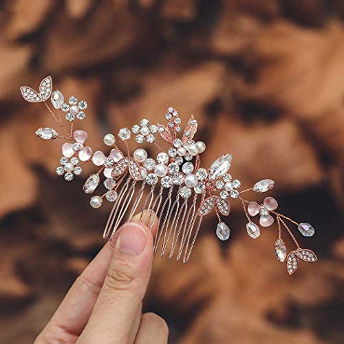 Casdre Crystal Bride Wedding Hair Comb Rhinestone Bridal Hair Piece Flower Hair Accessories for Women and Girls (A Rose Gold)