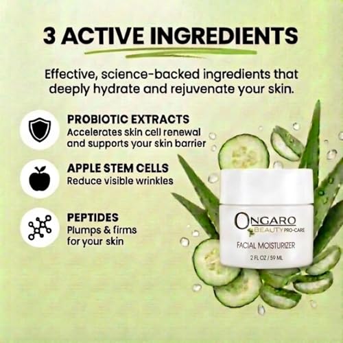 Ongaro Beauty Organic Face Moisturizer - Hydrating Face Cream, Probiotic Moisturizer with Aloe Vera, Vitamin A, C & E - Hyaluronic Acid, Face Lotion for All Skin Types - Nourishes Skin - 2 fl. Oz