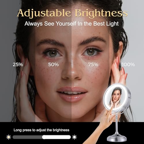 Ultra Zoom 20X Magnifying Lighted Table Mirror for Makeup - 20X & 1X Dual Sided LED Make-up Mirror with 3 Light Modes, Rechargeable Battery with USB Cable - 8" Wide & 15" Tall (Chrome)