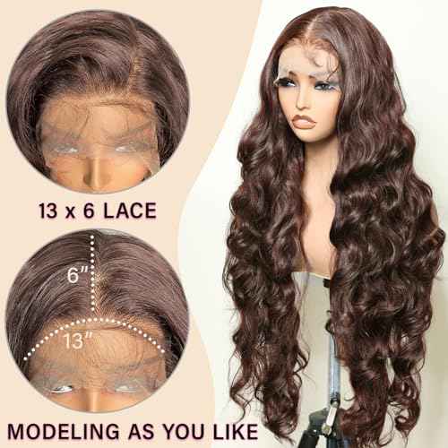 SOKU Brown 13x6 Lace Frontal Wig 32 Inch Long Lightweight Wavy Hair Pre Plucked Hairline with Baby Hair Glueless Transparent Lace Heat Resistant Synthetic Lace Front Wigs for Black Women