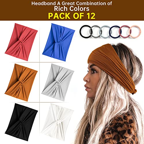 GiLi Wide Headbands for Women Non Slip 7” Extra Large Turban Stretchy Elastic Soft Hair Wraps Twisted Knotted Fashion Head Bands for Woman’s Hair Accessories,6 Pack Headbands with 6 Pcs Hair Ties