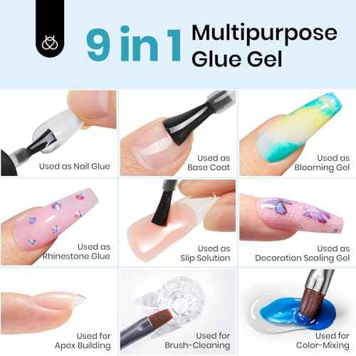Beetles 15ml Gel Nail Glue 9 in 1 for Acrylic Nails Tips and Clear Press on Nails, Long Lasting Extension Glue, Base Coat, Blooming Art Gel, Christmas Nails, U V Light Cured