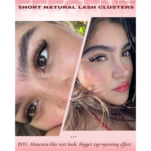 Wispy Lash Clusters 8-10-12mm Natural Cluster Eyelash Extensions Short Eyelash Clusters C-Curl Individual Lashes Clear Band Clusters Lashes Natural Look for Daily Wear DIY Eyelash Extension by EEFOFNN