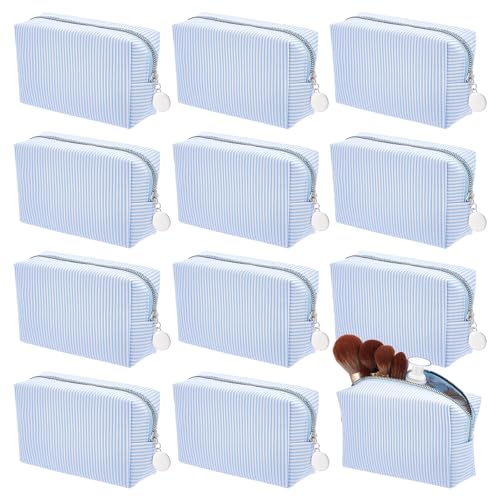 Light Blue 12Pcs Seersucker Makeup Bag Bulk Travel Cosmetic Organizer for Women