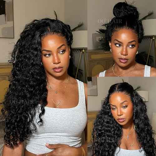 OQ HAIR Water Wave 360 Lace Front Wigs Human Hair Hidden Straps Deep Wave HD Lace with Drawstring Natural Hairline 180% Density Human Hair Wig for Women Natural Color 20 Inch