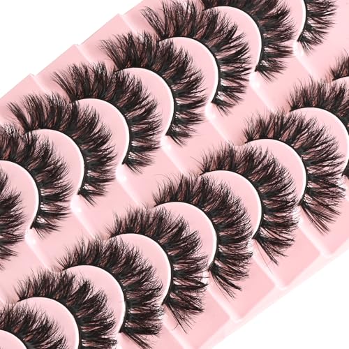 FARRED False Lashes Wispy Natural Strip Eyelashes 14mm Cat Eye Mink Lash Strips Full Volume Fake Cateye Eyelash Pack Natural Look 10 Pairs Short Thick Fluffy Pesta?as Postizas for Women