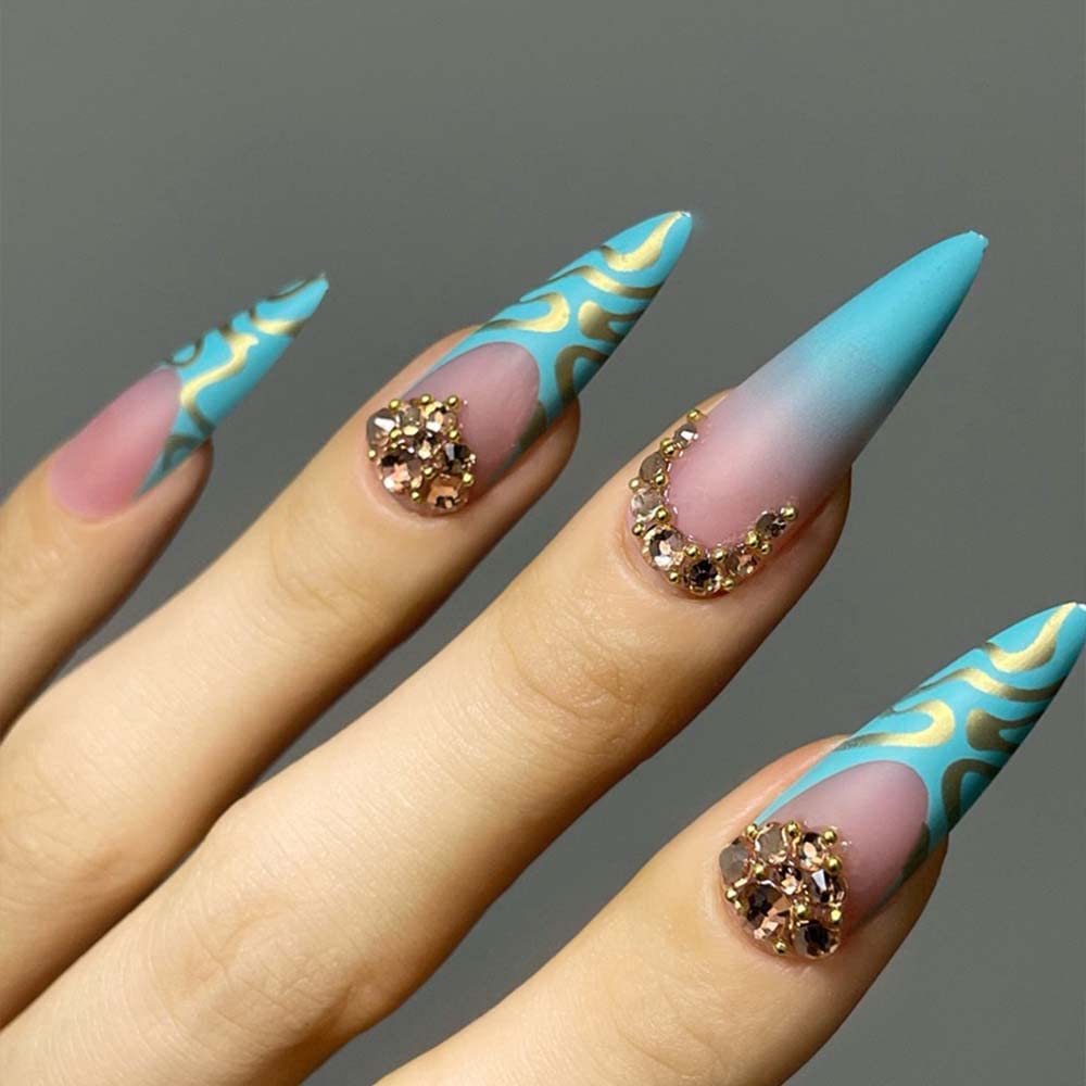 Redykat 24PCS Stiletto Matte Press On Nails, Salon Quality Nail Art, Extra Long Acrylic False Nails, Fake Nails, Home Quick Manicure (bluegreen ombre)