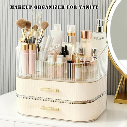 Makeup Organizer for Vanity with Stackable Drawers, 360 Rotating Makeup Brush Holder Large Cosmetic Display Case for Dresser, Bathroom Countertop Skincare Storage, Ideal Gift for Girls (3-layer)