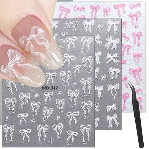 3sheets 5D Embossed Bow Nail Stickers for Nail Art Self-Adhesive Bow Nail Decals White Pink Bow Nail Art Stickers Design Cute Bow Nail Art Supplies for Women Girls