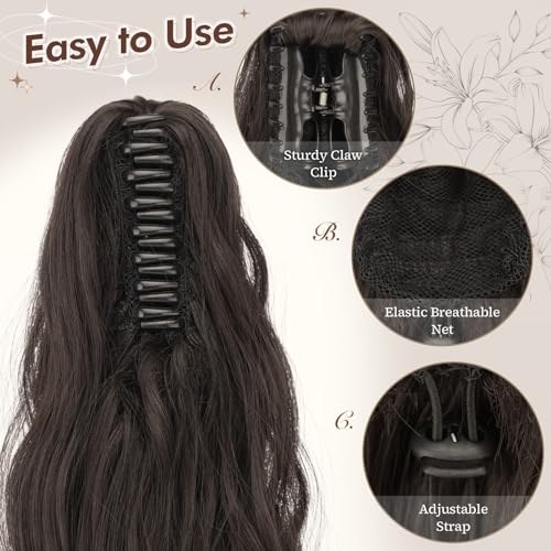 FESHFEN 20" Wavy Ponytail Extension Claw Clip Dark Brown