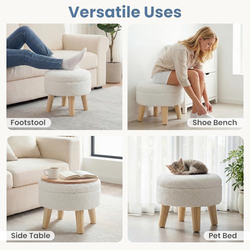 DUMOS Round Storage Ottoman with Reversible Tray, Teddy Velvet, Beige