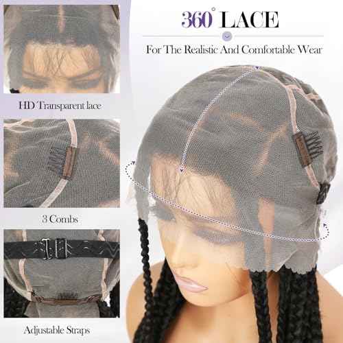 Fancy Hair 360 Full Lace Jumbo Braided Wigs for Black Women Glueless Long Knotless Box Braided Wig for African American Women (Natural Black)