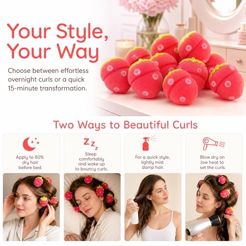 Healifty 12-Piece Strawberry Curlers Set - Soft Sponge Heatless Hair Rollers for Natural Curls