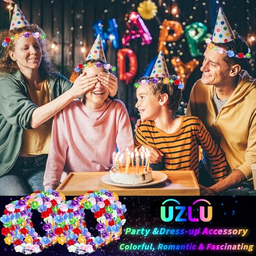 80 Pcs LED Flower Crown Headband Glow Floral Wreath Crown for Women Light Up Flower Headband Glow in the Dark Hair Accessories for Wedding Birthday Cosplay Halloween Christmas Beach Party Favor