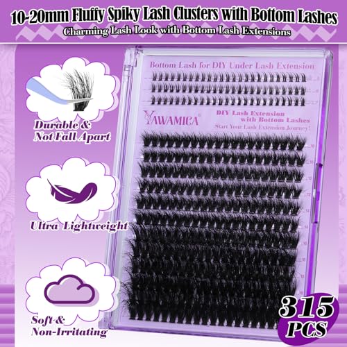 Yawamica Cluster Lash Extensions 315pcs DIY Kit with Bottom Lashes