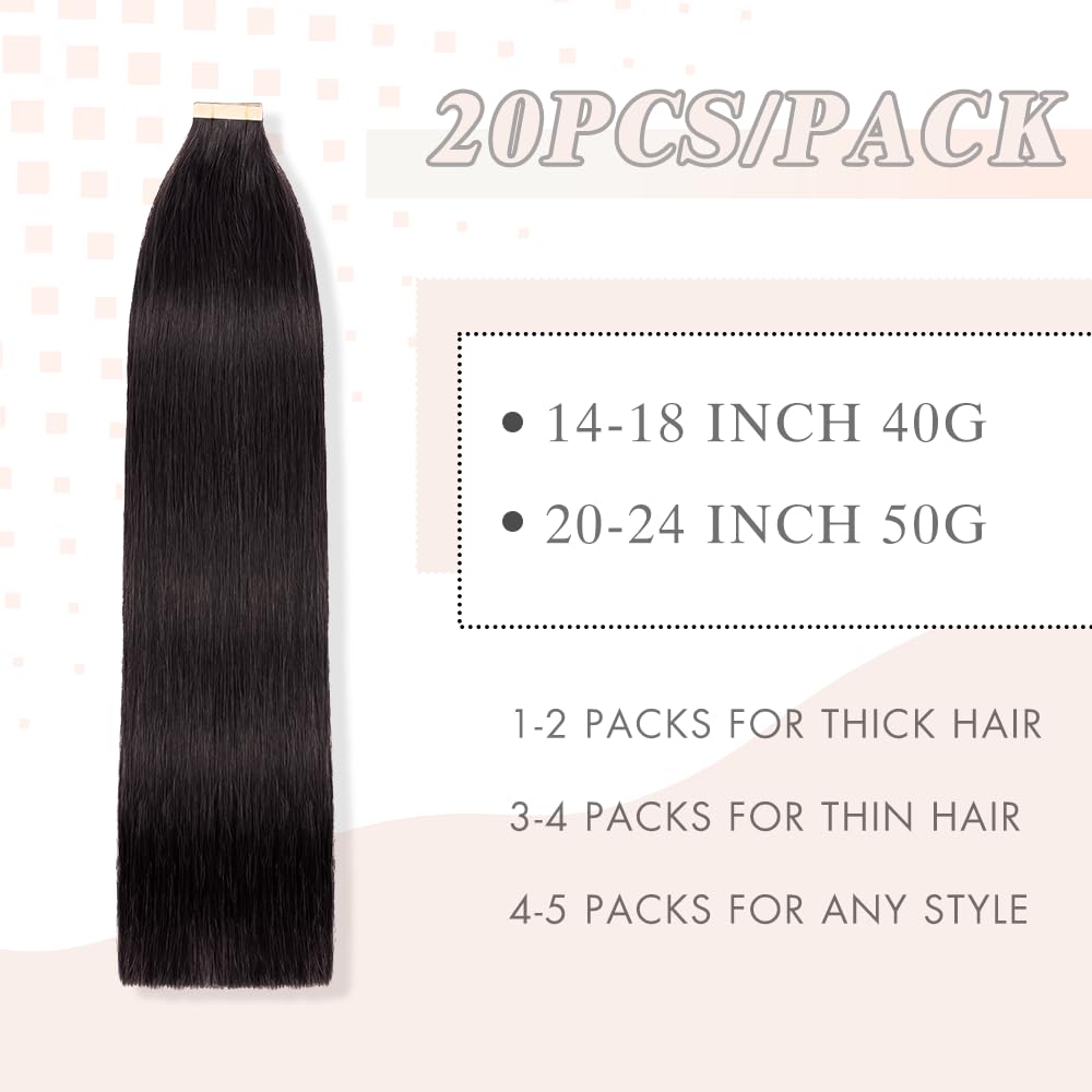 Tape in Hair Extensions Human Hair, 20pcs 14 Inch Natural Black Remy Hair Extensions Straight Human Hair Tape in Extensions Skin Weft Tape Extensions Human Hair (1B#,14 Inch)