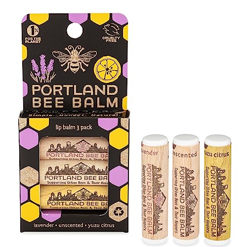 Portland Bee Balm All Natural Handmade Beeswax Based Lip Balm Unscented, Yuzu Citrus and Lavender Assortment 3 Count