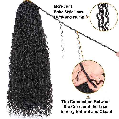 COOKOO Natural Black Faux Locs 30 Inch Crochet Hair for Women - 8 Pack, Pre-Looped Goddess Loc Extensions with Curly Ends - Boho Style Synthetic Hair