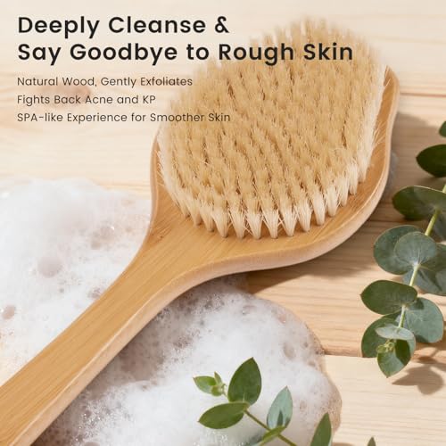 Bamboo Back Scrubber 17in Curved Handle with Boar Bristles