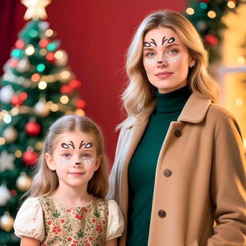 Deer Face Stickers Christmas Face Tattoo for Women Men with Rhinestone Self Adhesive Glitter Stickers Cute Animal Deer Face Tattoos Eyes Body Makeup Party Cosplay Supplies 2Pcs