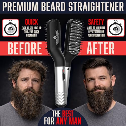 Beard Straightener Grooming Kit for Men, Beard Growth Kit, Wash, Brush & Comb, Unscented Growth Oil, All Natural Sandalwood Balm, Conditioner, Razor & Scissors, Great Gift Idea for Men's (Black)