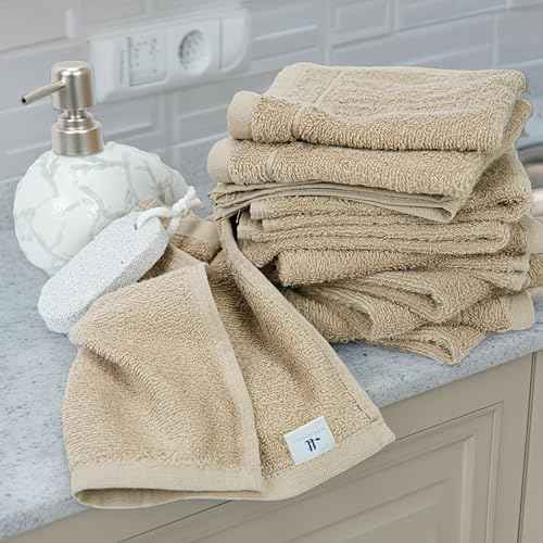 Tens Towels Pack of 12 Washcloths, 12 x 12 Inches, Lighter Weight, Quick to Dry, Super Soft & Absorbent, Gentle Face Towels, Hotel Quality, Perfect for Bathroom, Gym, Spa (Beige, 12 Pack)