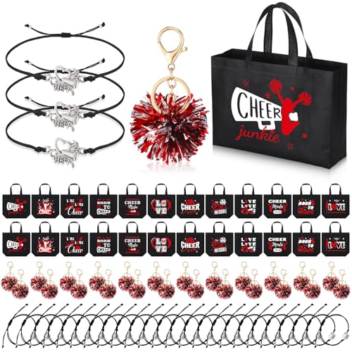 Landical 72 Pcs Cheerleading Gifts 24 Cheer Bags Portable 24 Pom Pom Keychain 24 Cheerleading Bracelet Canvas Cheerleading Makeup Bag Bulk Cheer Gifts Female Teammates Toiletries Accessories(Red)