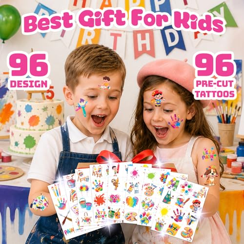 96 PCS Watercolor Art Temporary Tattoos for Kids
