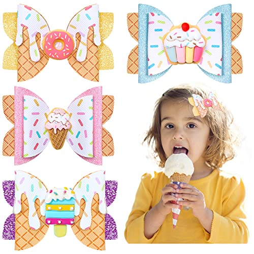 Whaline 4Pcs Dessert Glitter Bow Hair Clips Cupcake Donut Ice Cream Hair Bow Barrette Summer Colorful Leather Hairgrips Sparkly Alligator Clips for Girls Women Hair Accessories Birthday Party Supplies