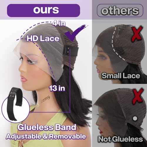 Bob Wig Human Hair 13x4 HD Lace Frontal Short Straight Lace Front Bob Wigs for Black Women Human Hair Pre Plucked Glueless Side Part 180% Density Black Color 12 Inch