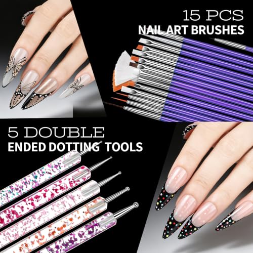 Nail Art Kit with 5 Charm Boxes, 15 Brushes & Dotting Tools