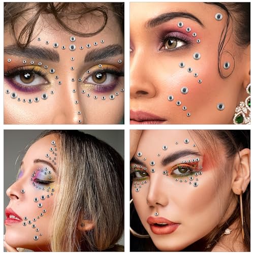Face Gems Hair Gems, Self-Adhesive Face Jewels Eye Jewels Rhinestones 3/4/5/6/8mm DIY Face Gems Stick on, Halloween Makeup Gems Rave Accessories for Face Eyes Makeup Body, Crafts(White)