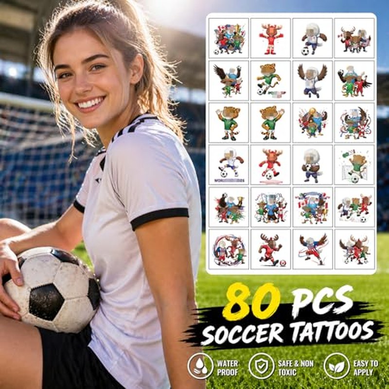 80 Pcs World Cup 2026 Temporary Tattoos - Waterproof Sports Designs