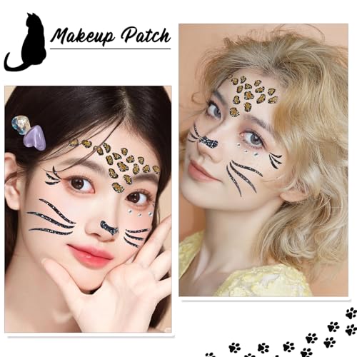 Leopard Face Temporary Tattoos Cheetah Face Stickers Leopard Face Stickers Cheetah Face Tattoo Makeup Cheetah Leopard Print Tattoos Glitter Halloween Cosplay Costume Accessories for Face Stickers 1Pcs