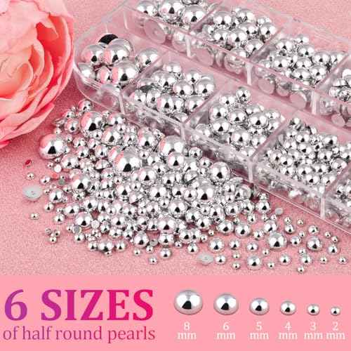 Belleboost Silver Nail Charms and Gems, Half Round Flatback Pearl Nail Charms, Nail Pearls Rhinestones Kit Silver Beads for Nails with Pencil and Tweezer for DIY Nail Art, Face Makeup and Crafting