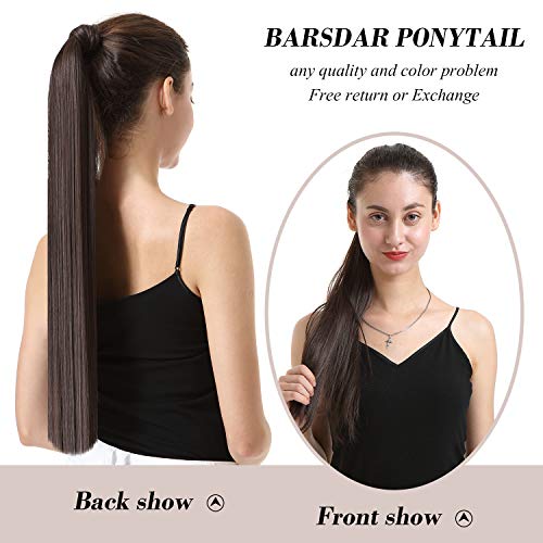 BARSDAR 20 Inch Ponytail Extension Long Straight Wrap Around Clip in Synthetic Fiber Hair for Women -Black