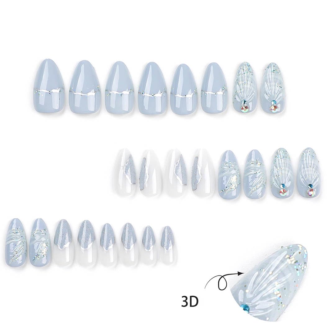 RikView Long Press on Nails Almond Fake Nails with 3D Design Blue Nails Glossy Full Cover Nails for Women 24 PCS