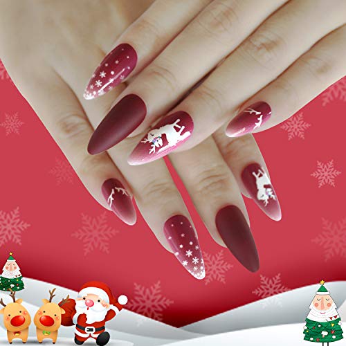 Gangel Red Matte False Nails Xmas Fake Nail Full Cover Christmas Long Fake Nails Snow Deer Acrylic Press on Nails Daily Wear Gifts for Women and Girls 24Pcs (RED1)