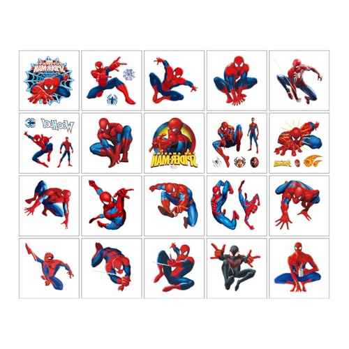 20pcs Spiderman Temporary Tattoos for Kids, Cool Birthday Party Favors, Cute Cartoon Decoration Sticker Gifts for Girl Boys Home Activity Class Prizes Carnival Christmas Rewards