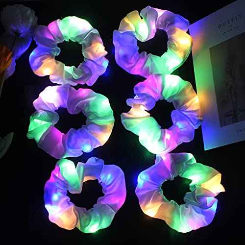 12PCS LED Hair Scrunchies Light Up White Scrunchies,Satin Ponytail Holder Glow in the Dark Hair Accessories Neon Rave Party Supplies