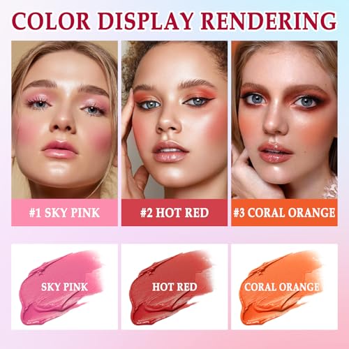 3 Colors Blush Stick with Makeup Sponges,Matte Solid Cream Blush,Multi-Use Blush Stick for Cheeks,Lips and Eye,High Pigmented Makeup Sticks Set A