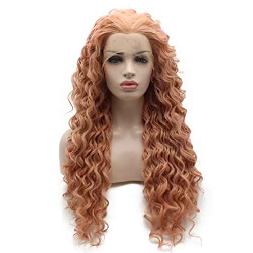 iwonawig Iewig Rose Golden Pink Front Lace Wig Long Curly Synthetic Lace Front Heat Friendly Fiber Half Hand Tied