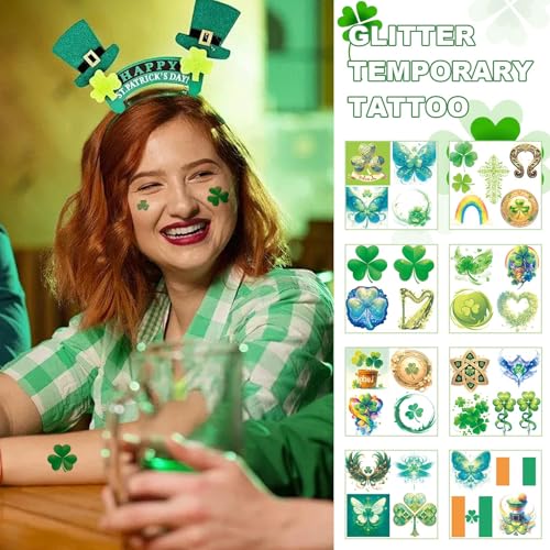 24 Sheets St Patricks Day Glitter Shamrock Tattoos, Irish Themed Saint Patricks Day Accessories with Green Clover, St Patricks Day Temporary Tattoos for St Patricks Day Party Favors Decorations Parade