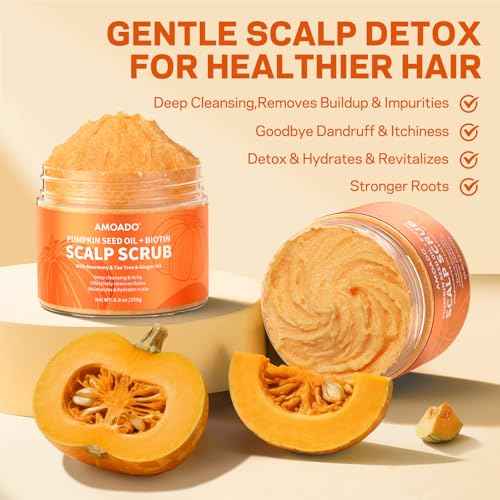 Scalp Scrub, Pumpkin Seed Oil Scalp Exfoliator With Biotin & Rosemary, Sulfate Free Scalp Detox for Itchy Scalp & Dandruff & Buildup Removal & Hair Growth, Hair Scrub with Scrubber