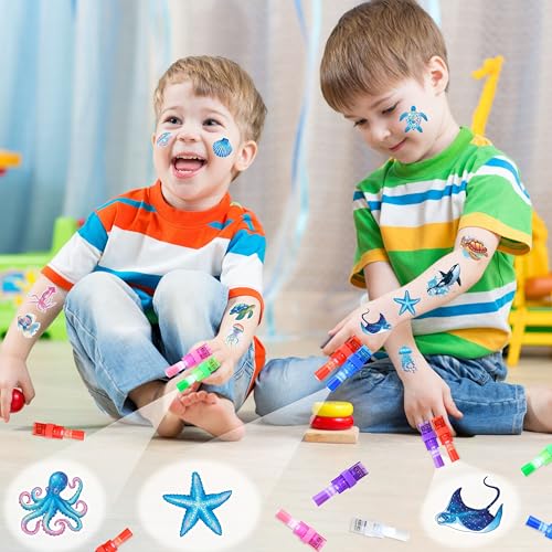 72 PCS Ocean Sea Party Favors ? 48 PCS Luminous Tattoos & 24 PCS LED Finger Lights Combo ? Birthday Goodie Bag Fillers, Party Supplies, Gifts Light Up Toys Glow In The Dark for Boys and Girls